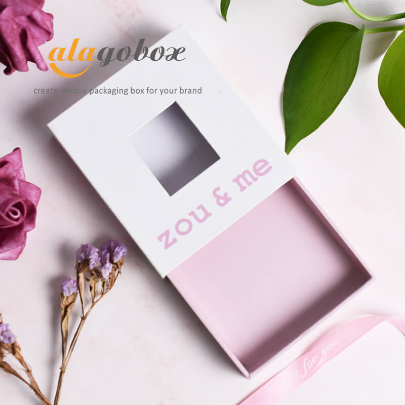 pink and white drawer box with window