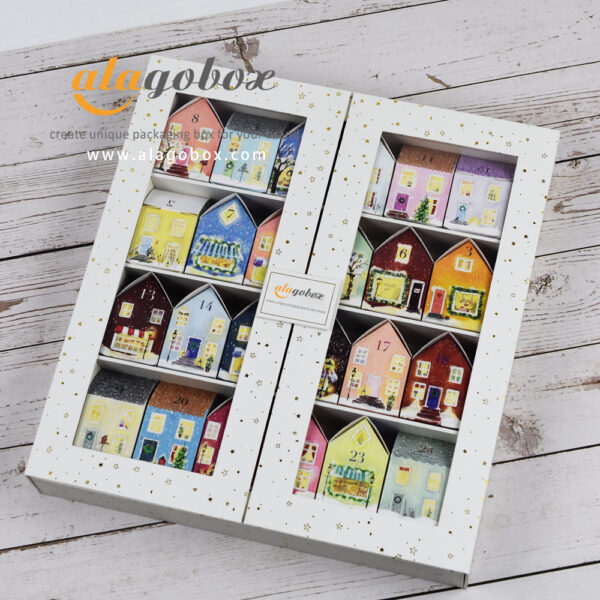 two-door advent calendar box with window and house shape inner box